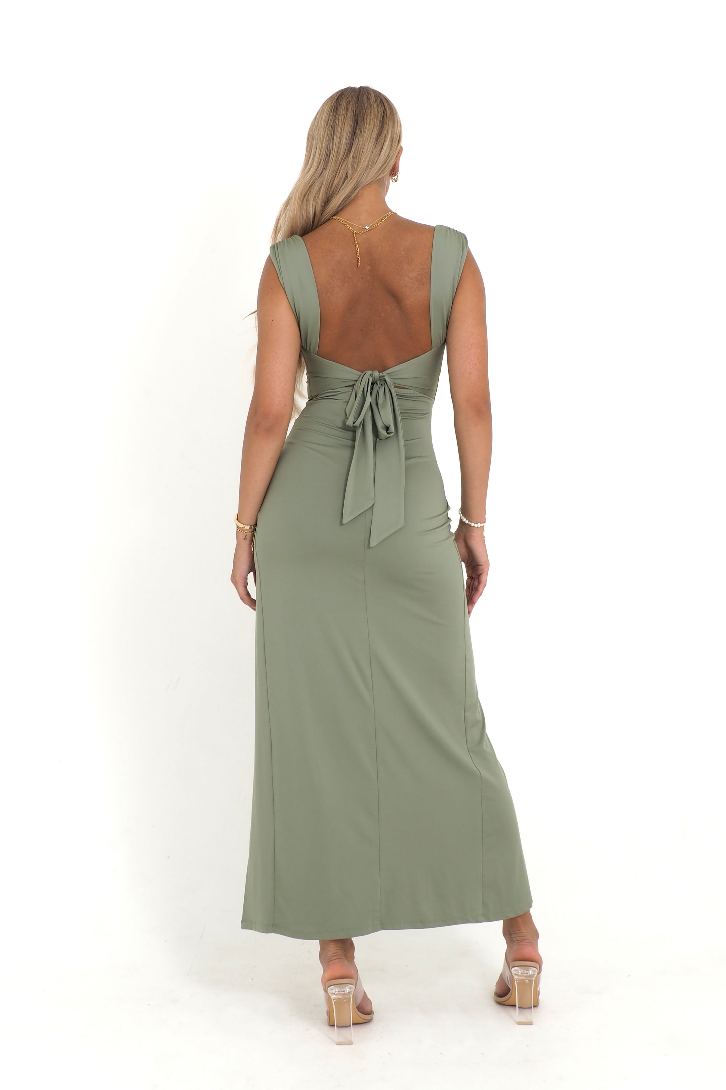 Lucille - Khaki Back-Knot Slit Dress
