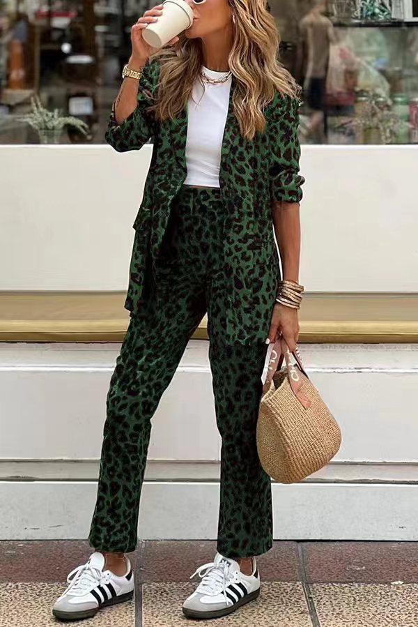 Faye -  Leopard Blazer and Elastic Waist Pants Set