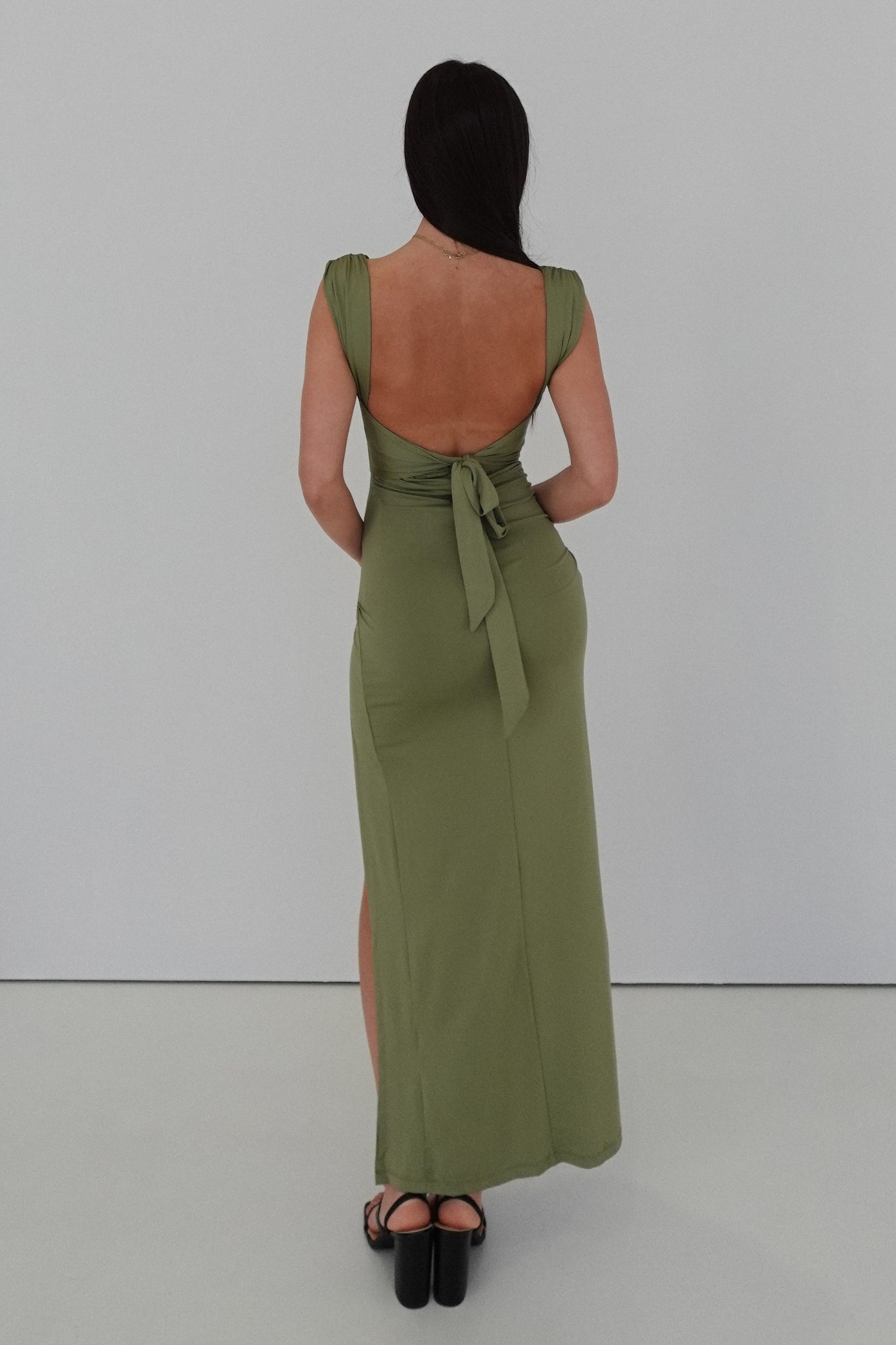 Lucille - Khaki Back-Knot Slit Dress