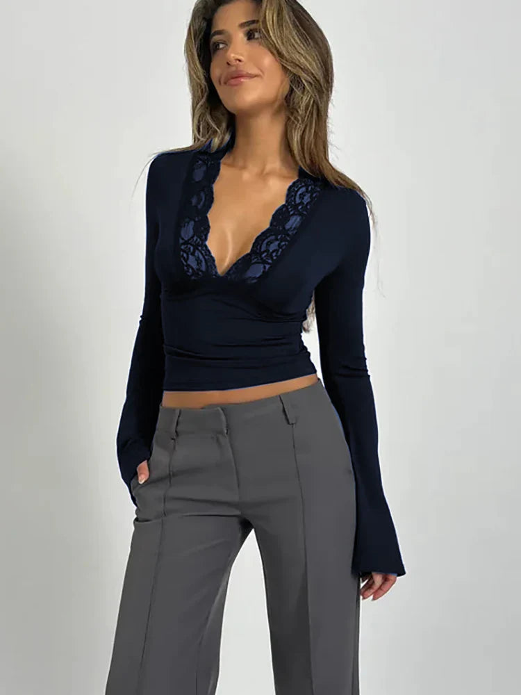 Amanda - Wine Lace Neck Top